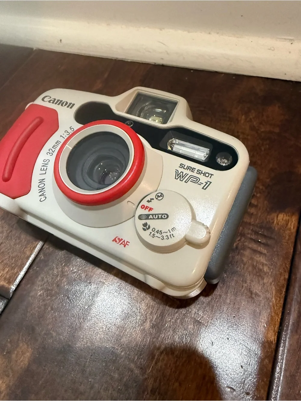 Canon White and Red Sure Shot WP-1 Compact Film Camera